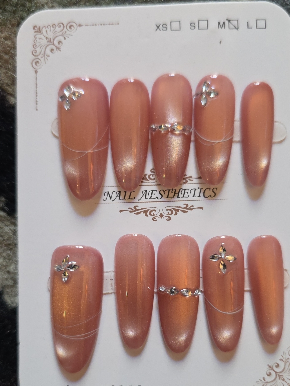 Rose Gold Press-On Nail Set with Rhinestones Size Med